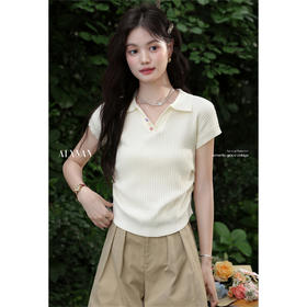 鹿向南「云朵慕夏」杏色翻领短袖T恤女夏季新款收腰气质针织上衣