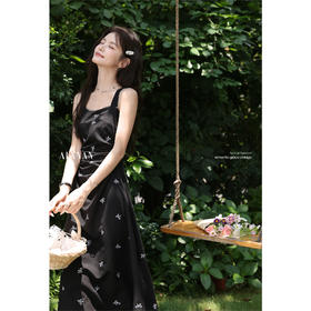 鹿向南「慢调巴黎」黑色碎花连衣裙女夏小个子收腰无袖长款吊带裙