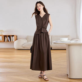法式冷淡系连衣裙，时尚气质轻熟风无袖V领假两件长裙HR-MEIQIN5697