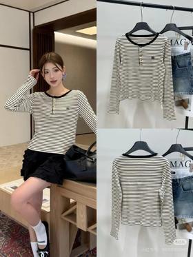 Ce1ine条纹金扣凯旋门刺绣徽标长袖