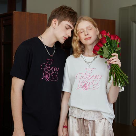 IDEVERRAY夏季新款艺术玫瑰花印情侣装短袖T恤男女同款圆领上衣19B012-ID25SSWDT902 商品图1