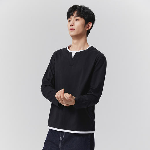GXG男装【棉100%】25春季时尚撞色假两件宽松休闲男式圆领长袖T恤K&C 商品图1