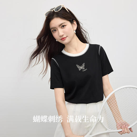 【专属特价】熙世界轻运动风蝴蝶刺绣T恤女短袖夏日新款撞色圆领休闲百搭上衣 商品图1