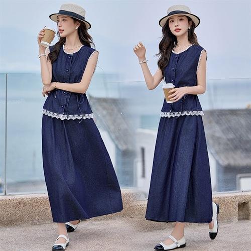 2025夏装新款水洗轻薄牛仔拼接裙子蕾丝花边甜美气质收腰两件套SSFB060 商品图1
