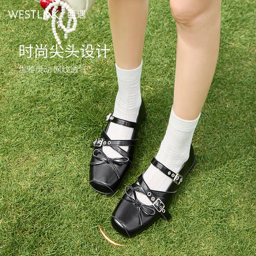 西遇方头芭蕾鞋女新款秋季铆钉蝴蝶结运动软底银色玛丽珍单鞋K1456899 商品图3