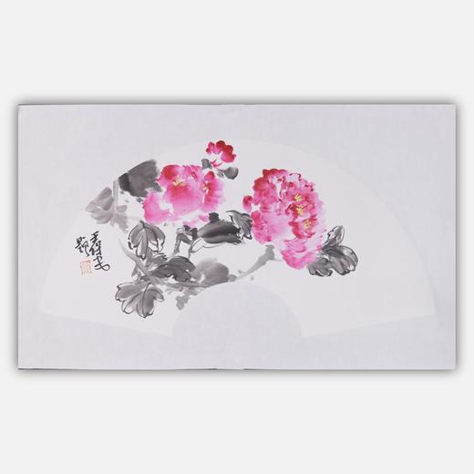 王保安《牡丹之二》国画原作32CM*63CM 手绘宣纸扇面花鸟作品 商品图0