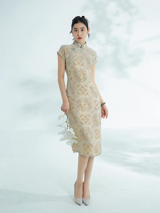 荷言GL 听风 传统复古旗袍两件套宝相花纹金丝烂花真丝丝绒手工玫瑰花扣 商品图2