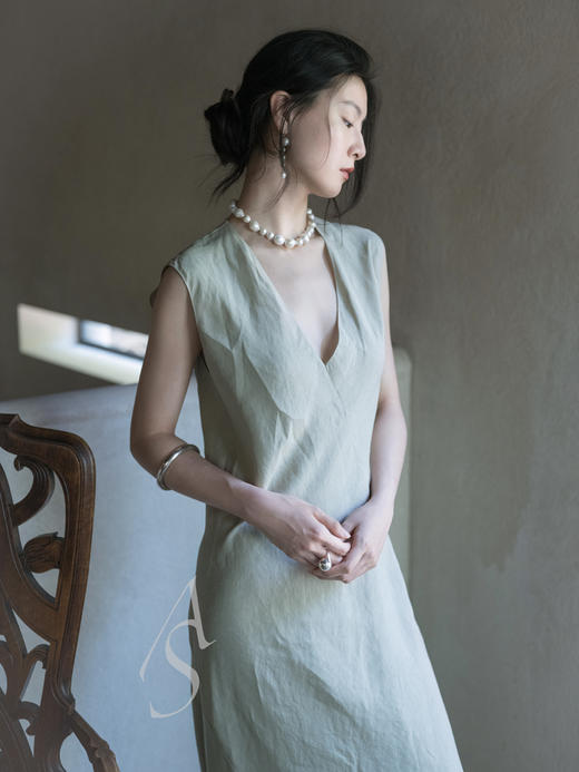 Cortana 茶灰色fania斜裁亚麻无袖连衣裙 商品图3