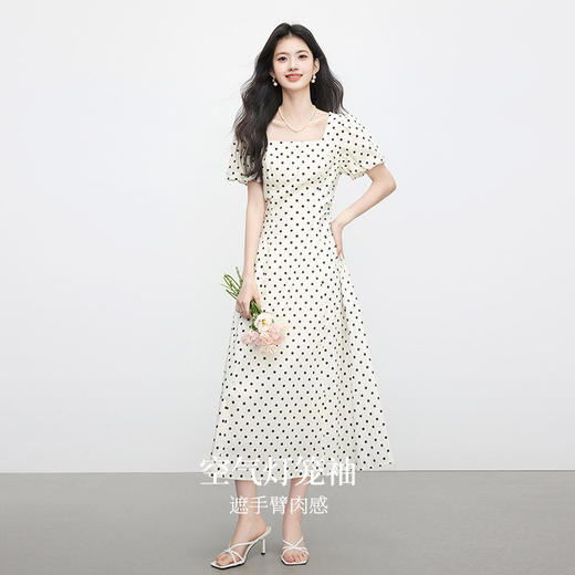 【07/09新品】熙世界法式波尔卡波点连衣裙女夏季新款复古收腰显瘦茶歇方领裙子 商品图1