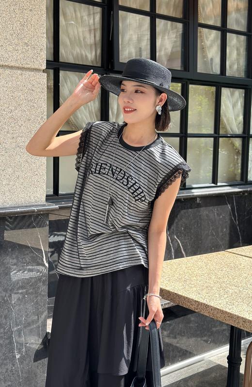 G5TX30867#拼花边袖字母条纹T 商品图0