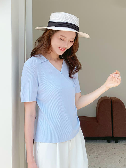 【百图lulu定制】【纤影POLO针织衫】冰丝 POLO V领斜裁 收腰 短袖针织衫 商品图7