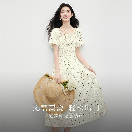 【07/09新品】熙世界法式浪漫度假风收腰花苞短袖方领波点连衣裙女2025夏季新款 商品图1