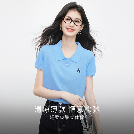 【周末秒杀】熙世界克莱因蓝针织短袖T恤女薄款夏季气质POLO领上衣2025年新款 商品图1