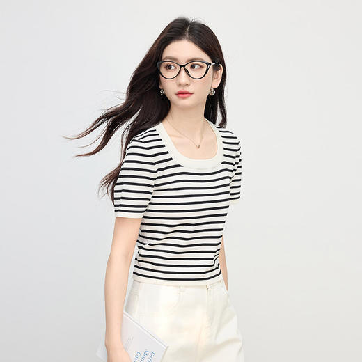 【周末秒杀】熙世界法式航海条纹T恤短袖女2025夏季新款小个子显瘦撞色U领上衣 商品图3