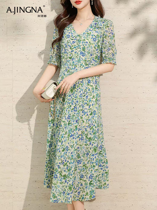 【清凉透气】阿菁娜高端印花真丝连衣裙F30X212092 商品图1