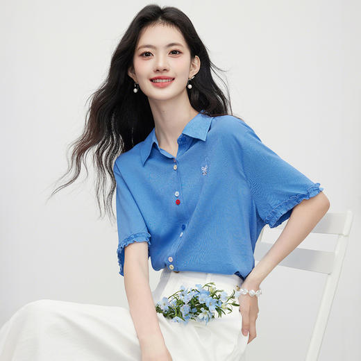 【周末秒杀】熙世界糖果扣亚麻衬衫女夏季2025新款半袖刺绣薄衬衣POLO领上衣 商品图4