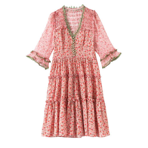 丁摩 真丝连衣裙女桑蚕丝粉色碎花裙小个子洋气法式中长裙5ZF-69339 商品图4