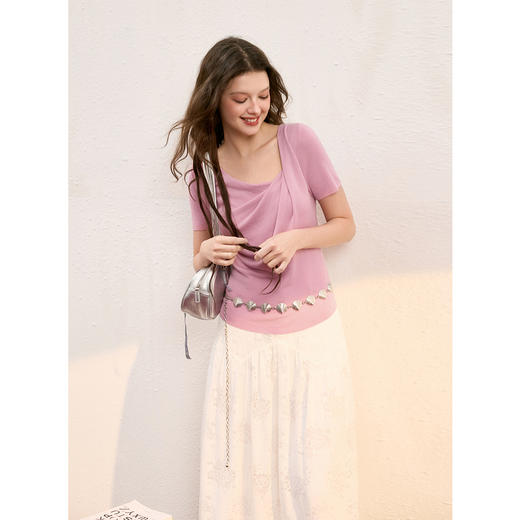 三彩独醒2025夏季新款设计感莱赛尔斜领短袖针织衫气质修身短款F 商品图2