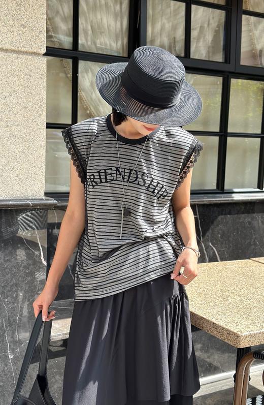 G5TX30867#拼花边袖字母条纹T 商品图1