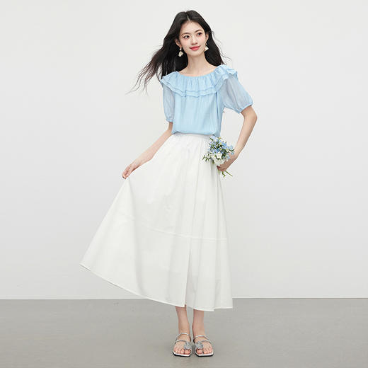 【07/09新品】熙世界淡人系荷叶边天丝衬衫女高级感短袖一字肩上衣2025夏季新款 商品图4