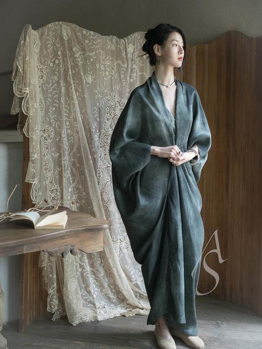 Cortana 曜石绿晕染MAYU垂褶真丝连衣裙 商品图0