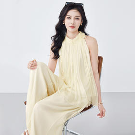 丁摩 100%桑蚕丝海边度假风高领无袖真丝上衣高腰显瘦阔腿裤两件套25M35