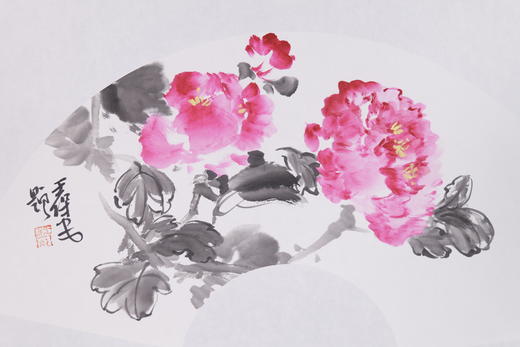 王保安《牡丹之二》国画原作32CM*63CM 手绘宣纸扇面花鸟作品 商品图2