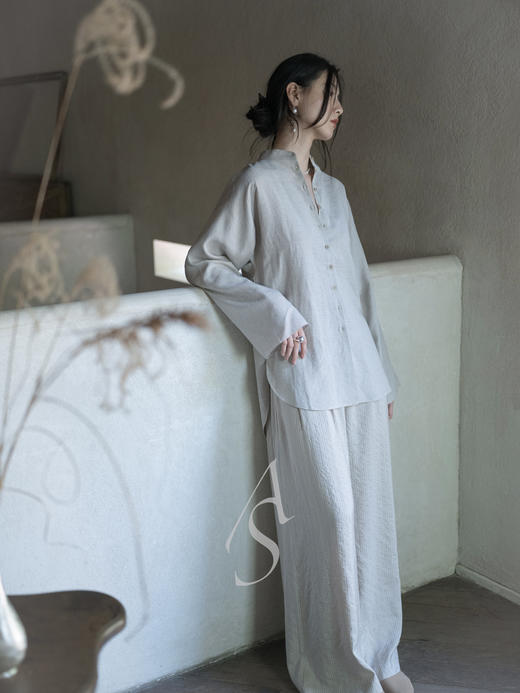 Cortana  浅灰棕条纹TILO丝麻立领衬衫 商品图1