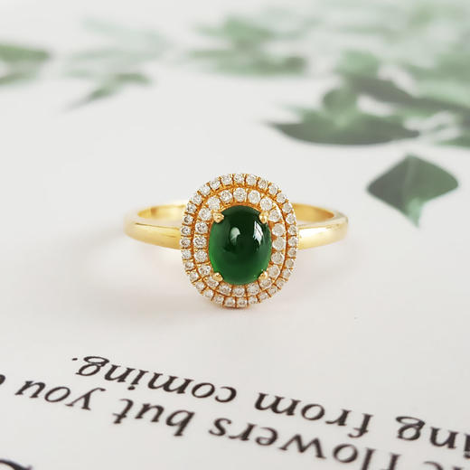 【天然正品】A货翡翠AU750玫瑰金豪镶钻镶天然细腻冰种满绿蛋面翡翠戒指6.0*4.7MM（皆取最大值）15号（戒圈可改）女士现售价：5880！300625NJS22 商品图4