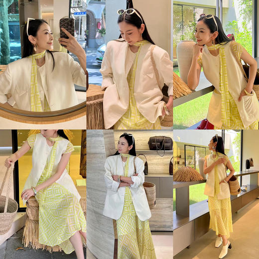 HIDEMI经典几何印花系列清透磨砂缎感内衬吊带两件式丝巾设计感v领显瘦背心半裙套装 背心/半裙 商品图2