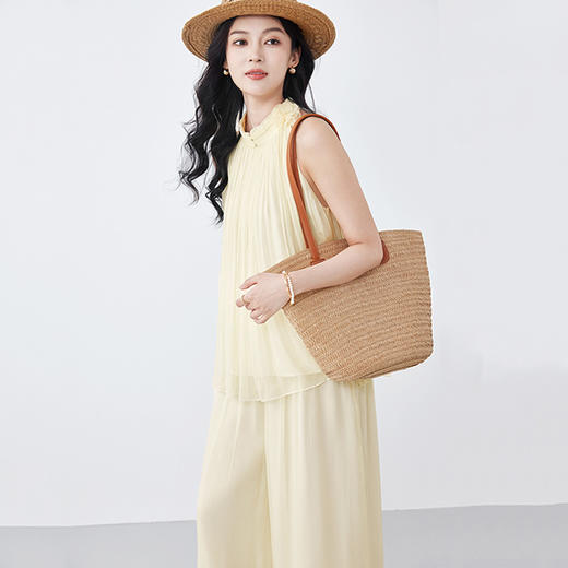 丁摩 100%桑蚕丝海边度假风高领无袖真丝上衣高腰显瘦阔腿裤两件套25M35 商品图3