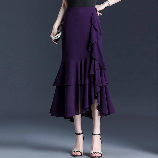 夏款中长款荷叶边拼接雪纺修身鱼尾裙MYX6792 商品图1