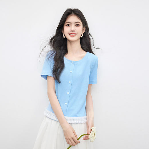 【07/09新品】熙世界淡人穿搭花边下摆T恤女短袖夏装新款减龄百搭气质圆领上衣 商品图4