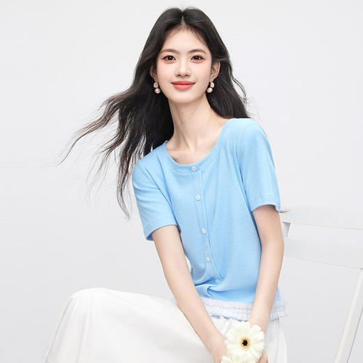 【07/09新品】熙世界淡人穿搭花边下摆T恤女短袖夏装新款减龄百搭气质圆领上衣 商品图3