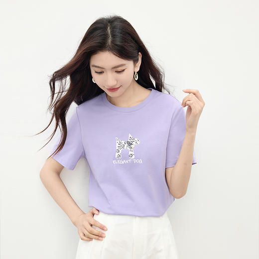 【07/09新品】熙世界小狗印花T恤短袖女2025夏日新款休闲气质圆领正肩体恤上衣 商品图3
