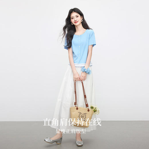 【07/09新品】熙世界淡人穿搭花边下摆T恤女短袖夏装新款减龄百搭气质圆领上衣 商品图1