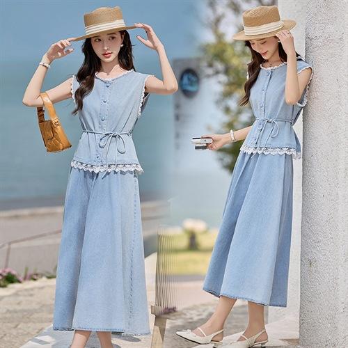 2025夏装新款水洗轻薄牛仔拼接裙子蕾丝花边甜美气质收腰两件套SSFB060 商品图2