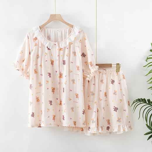 雀说 纯棉纱布睡衣两件套薄款女士短袖短裤家居服套装YY07 商品图0