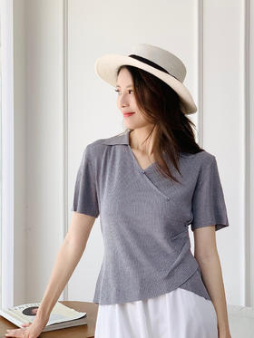 【百图lulu定制】【纤影POLO针织衫】冰丝 POLO V领斜裁 收腰 短袖针织衫