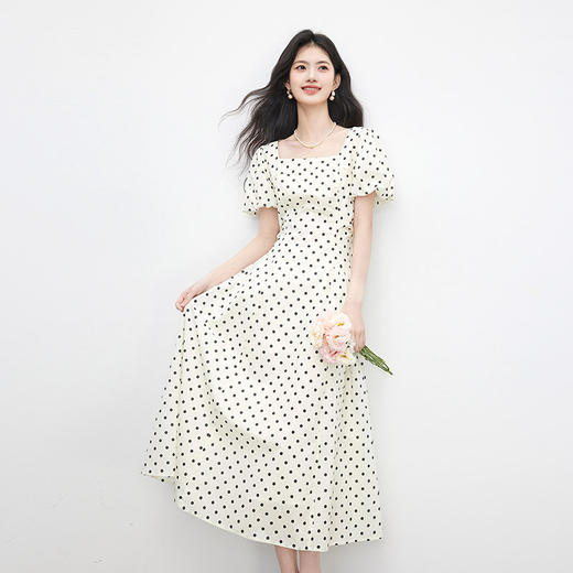 【07/09新品】熙世界法式波尔卡波点连衣裙女夏季新款复古收腰显瘦茶歇方领裙子 商品图3