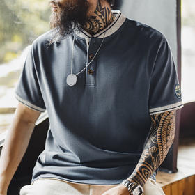 马登工装美式复古棒球领亨利衫T恤纯棉正肩重磅灰蓝撞色短袖男夏