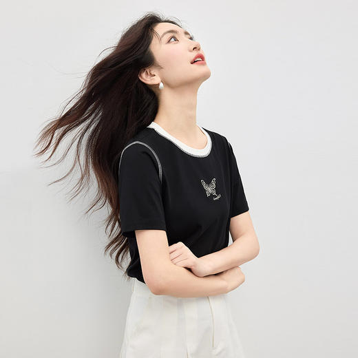 【专属特价】熙世界轻运动风蝴蝶刺绣T恤女短袖夏日新款撞色圆领休闲百搭上衣 商品图4
