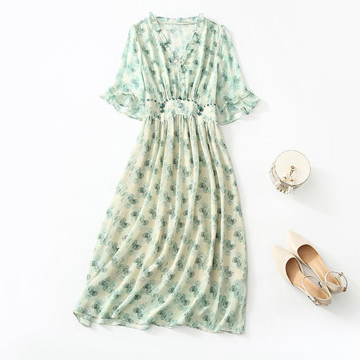 丁摩 夏季新品女装减龄收腰气质钉珠印花中长款连衣裙短袖5ZF-75059 商品图4