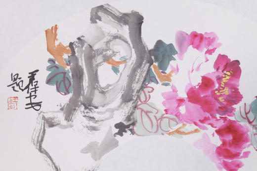 王保安《牡丹之一》国画原作32CM*63CM 手绘宣纸扇面花鸟作品 商品图3