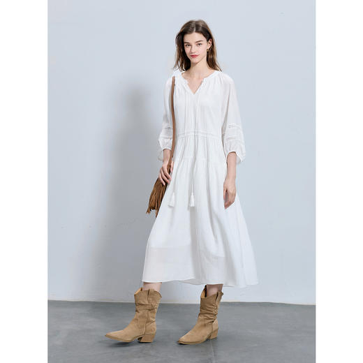 三彩2025秋季新款度假小白裙灯笼袖宽松连衣裙A字长裙浪漫M 商品图2