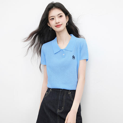 【周末秒杀】熙世界克莱因蓝针织短袖T恤女薄款夏季气质POLO领上衣2025年新款 商品图4