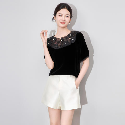 「高货wl」全新升级【铂金会员293/天猫389/差价96】(00030)洛诗琳法式花朵钉珠上衣2025夏季优雅真丝丝绒短袖上衣 商品图0