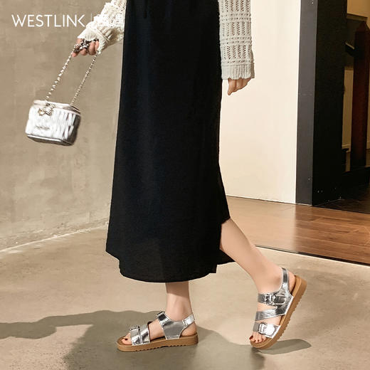 西遇平底凉鞋女新款夏季外穿休闲复古一字带沙滩鞋银色罗马鞋V0056533 商品图3