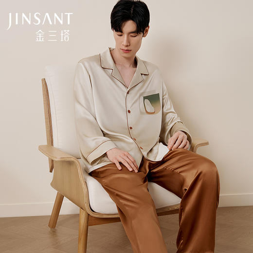 金三塔重磅真丝睡衣男100%桑蚕丝宽松舒适印花长袖衣裤套家居服  YSMFC201 商品图0