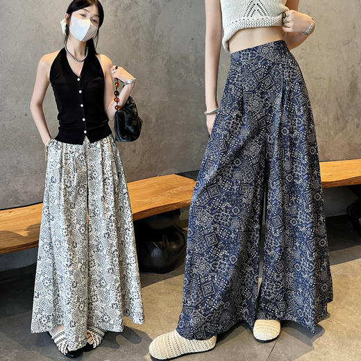 百媚生 重工法式复古印花九分阔腿裙裤女L5560# 商品图0